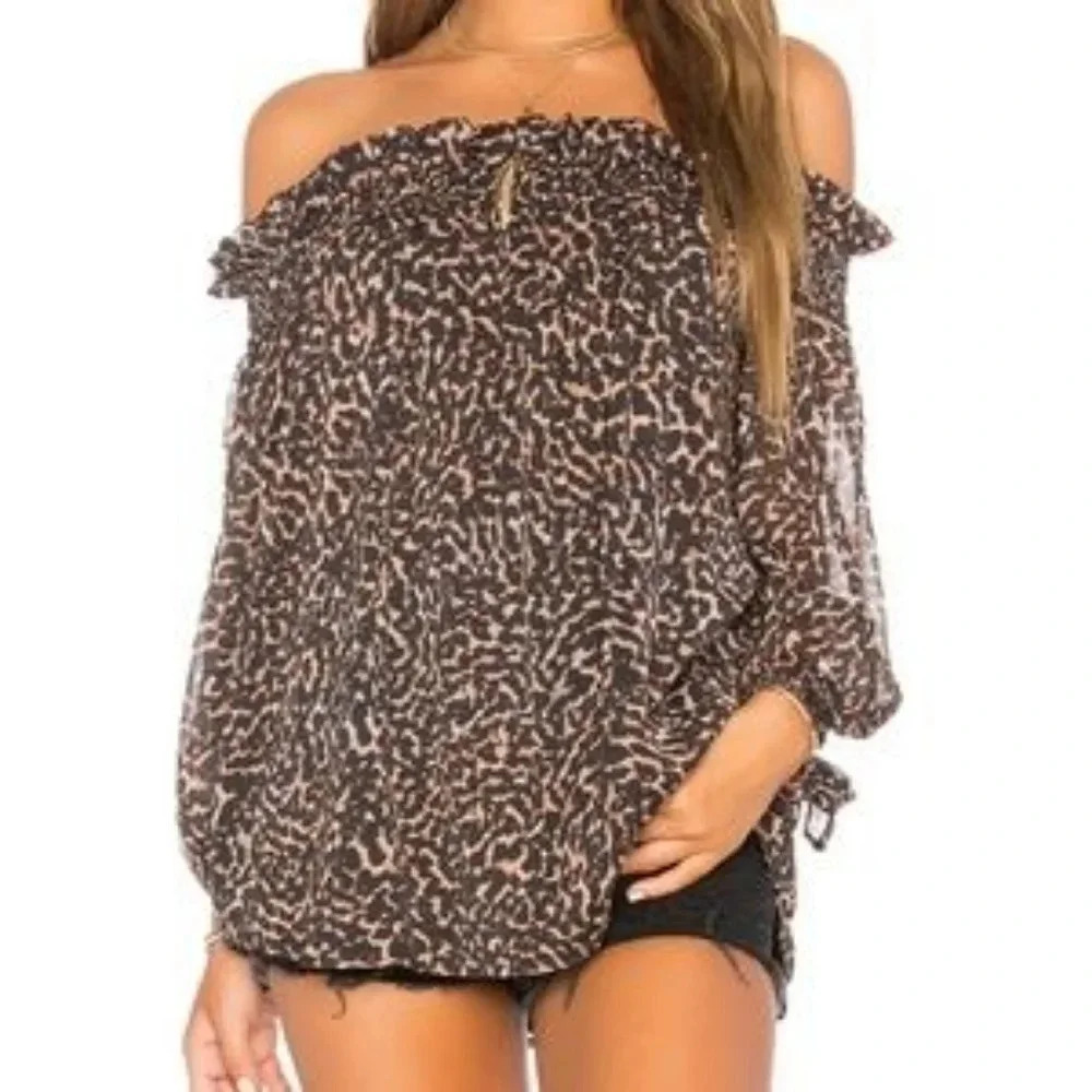 Beach Riot Off Shoulder Leopard Blouse Small Brown Animal Flowy Boho Revolve